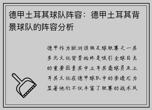 德甲土耳其球队阵容：德甲土耳其背景球队的阵容分析